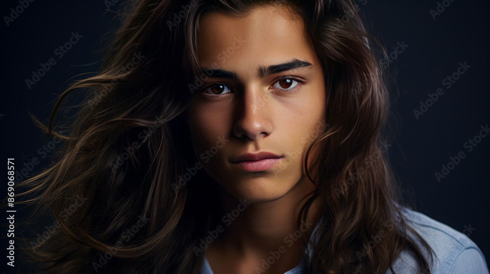 Fototapeta premium Happy cheerful young latino generation z. Smiling ethnic cool generation z teenage student, long hair, blue background.