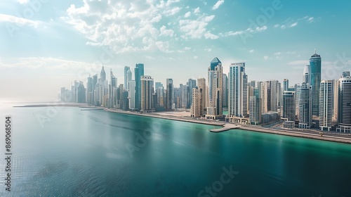 Aerial drone wide angle panorama of vacation city skyline with white tall high rise skyscrapers at the waterfront peninsula next to ocean Sunny day blue sky and turquoise water in the  : Generative AI © The Little Hut
