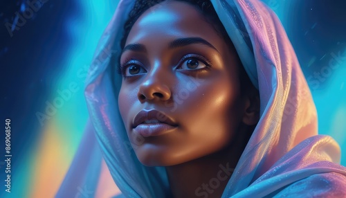 Portrait of a Black Woman in a Shawl, Looking Up, Depicting a Biblical Character