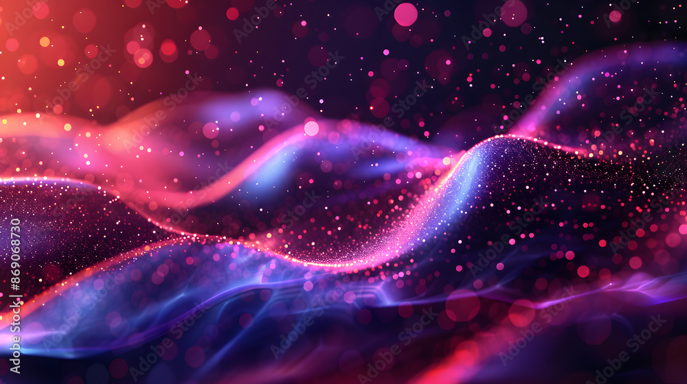 Fototapeta premium Abstract waving particle technology background. Abstract wave moving dots flow particles, hi-tech and big data background design for brochures, flyers, magazine, business card, banner