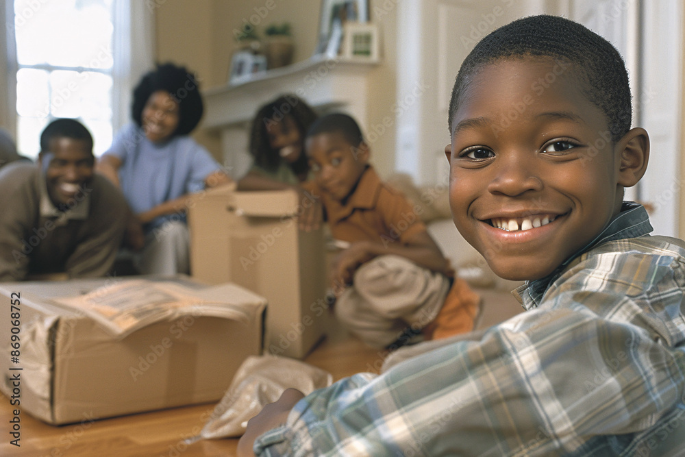 In a warm and inviting new home setting, an individual unpacks boxes with a smile, while children engage playfully with packing materials. Parents are seen organizing and arranging furniture in the In a warm and inviting new home setting, an individual unpacks boxes with a smile, while children engage playfully with packing materials. Parents are seen organizing and arranging furniture in the