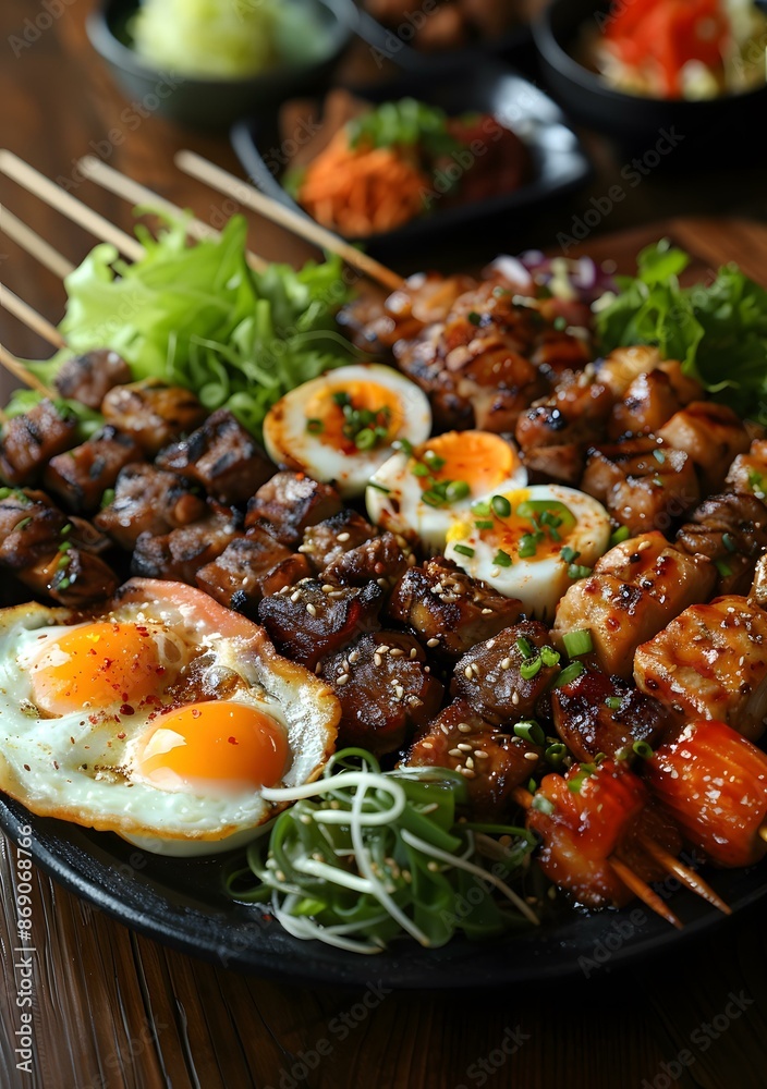 A plate of delicious grilled meat and vegetables A plate of delicious grilled meat and vegetables