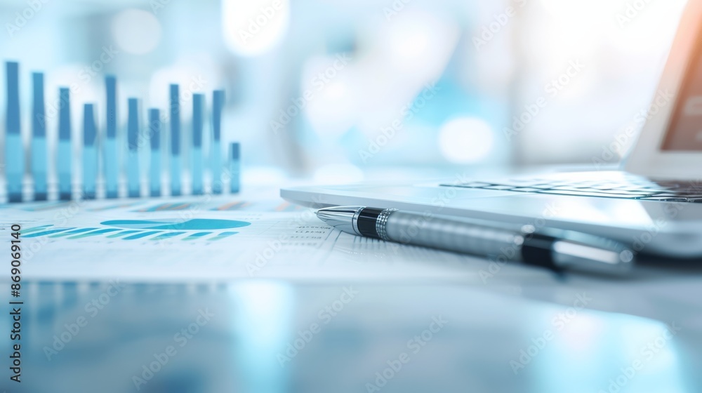 Financial analysis concept with pen, graph, and laptop in focus to represent business data and performance metrics.
