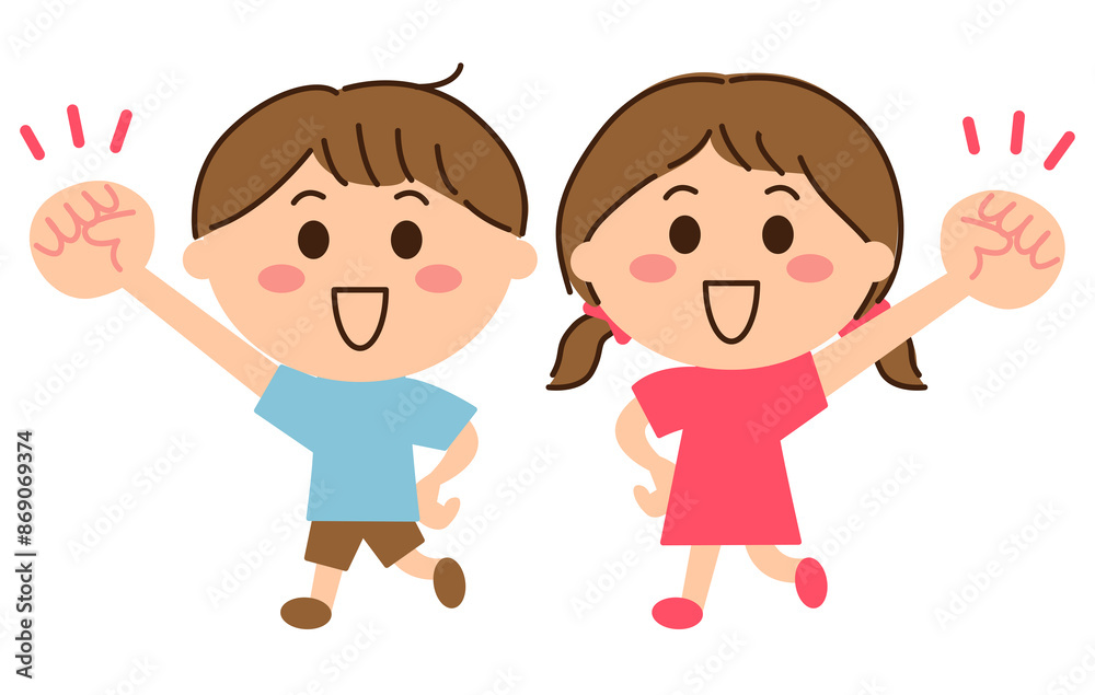 ガッツポーズをする男女の子供 ガッツポーズをする男女の子供