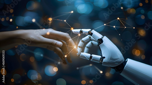 AI, Machine learning, Hands of robot and human touching on big data network connection background, Science and artificial intelligence technology, innovation and futuristic