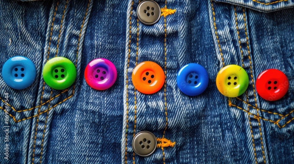 Rainbow buttons on a denim jacket, Pride fashion, colorful statement Rainbow buttons on a denim jacket, Pride fashion, colorful statement