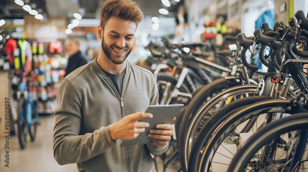 smiling handsome young man standing next to a new bike holding a tablet in a bike shop : Generative AI smiling handsome young man standing next to a new bike holding a tablet in a bike shop : Generative AI