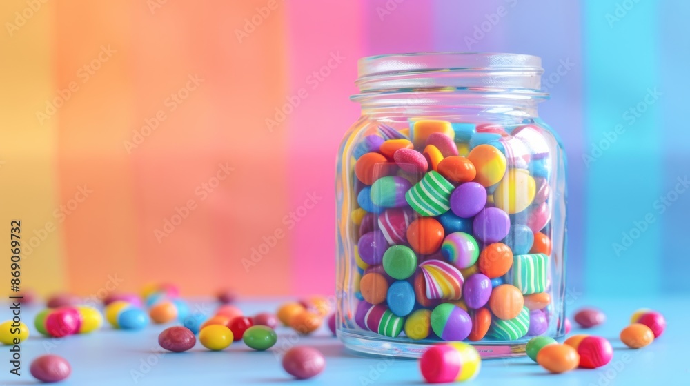 Rainbow-colored candies in a glass jar, sweet treats, Pride month Rainbow-colored candies in a glass jar, sweet treats, Pride month