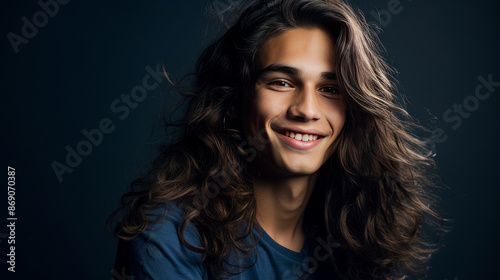 Happy cheerful young latino generation z. Smiling ethnic cool generation z teenage student, long hair, blue background.