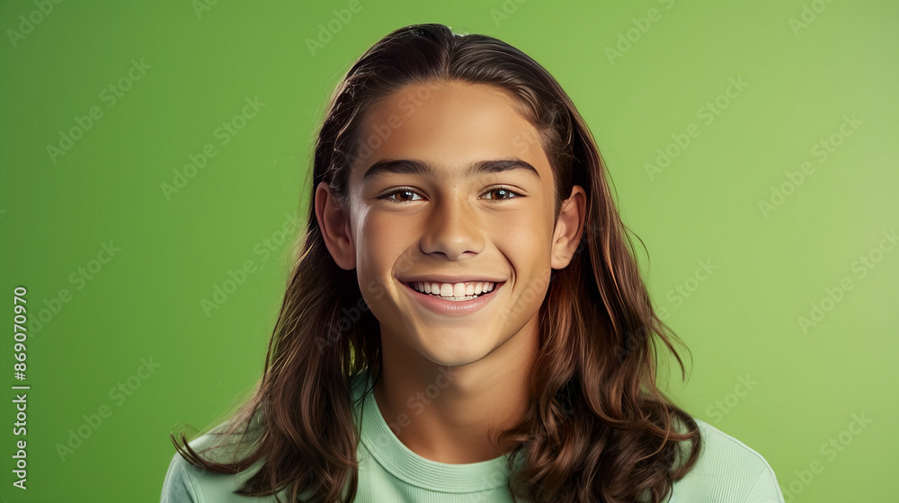 Happy cheerful young latino generation z. Smiling ethnic cool generation z teenage student, long hair, green background. Happy cheerful young latino generation z. Smiling ethnic cool generation z teenage student, long hair, green background.