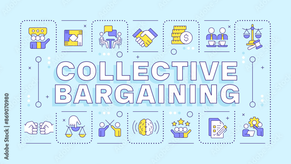 Collective bargaining blue word concept. Working conditions, labor rights. Workers association. Typography banner. Vector illustration with title text, editable icons color. Hubot Sans font used Collective bargaining blue word concept. Working conditions, labor rights. Workers association. Typography banner. Vector illustration with title text, editable icons color. Hubot Sans font used
