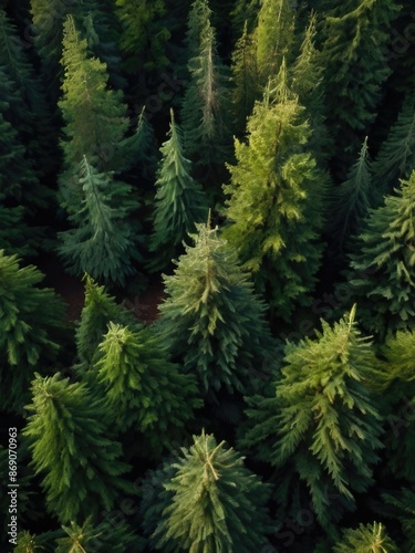 aerial view of green pine trees in the forest