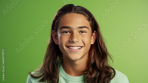 Happy cheerful young latino generation z. Smiling ethnic cool generation z teenage student, long hair, green background.