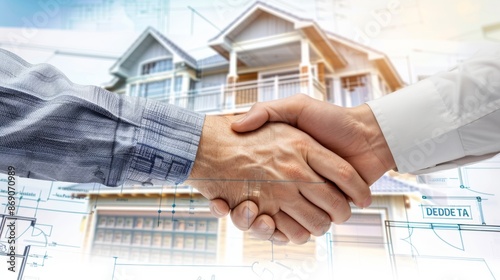 Two business professionals shaking hands with a house blueprint and architectural plans in the background, symbolizing a deal in real estate or construction