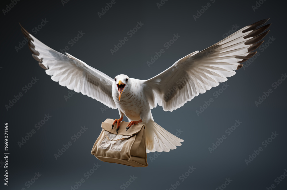 Obraz premium A seabird is flying holding onto an email package.