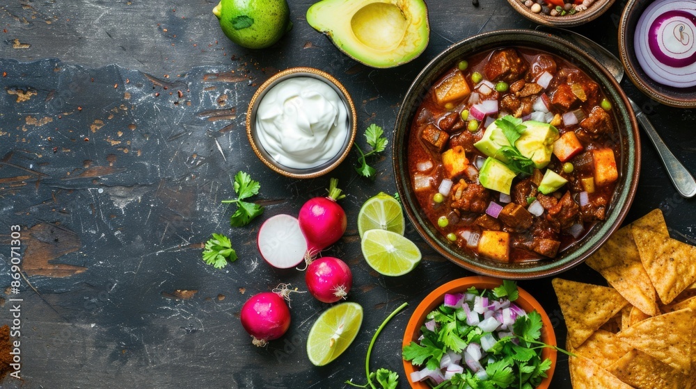 Traditional Mexican red pozole soup with corn, meat, radishes and chili peppers. Place for text Traditional Mexican red pozole soup with corn, meat, radishes and chili peppers. Place for text