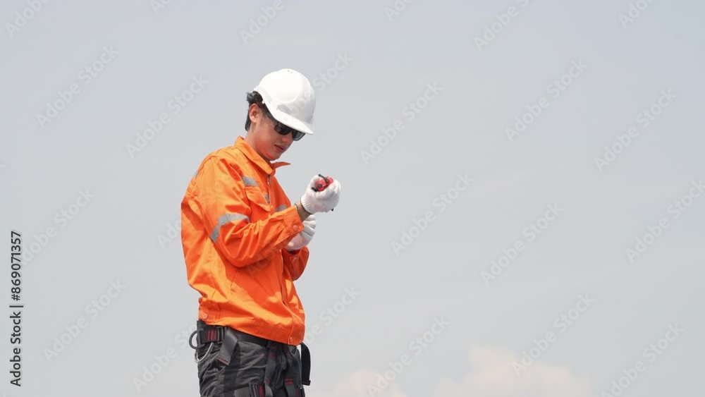 Male engineer in protective work wear talking on walkie talkie with colleague. Male engineer in protective work wear talking on walkie talkie with colleague.