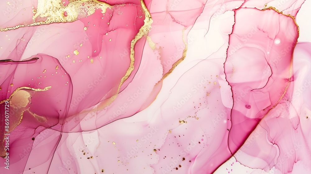 Obraz premium Abstract pink and beige aquarelle art with gold beige transparent background Smudges and stains made with alcohol ink and golden paint Beige fluid art texture as flow watercolor and a : Generative AI