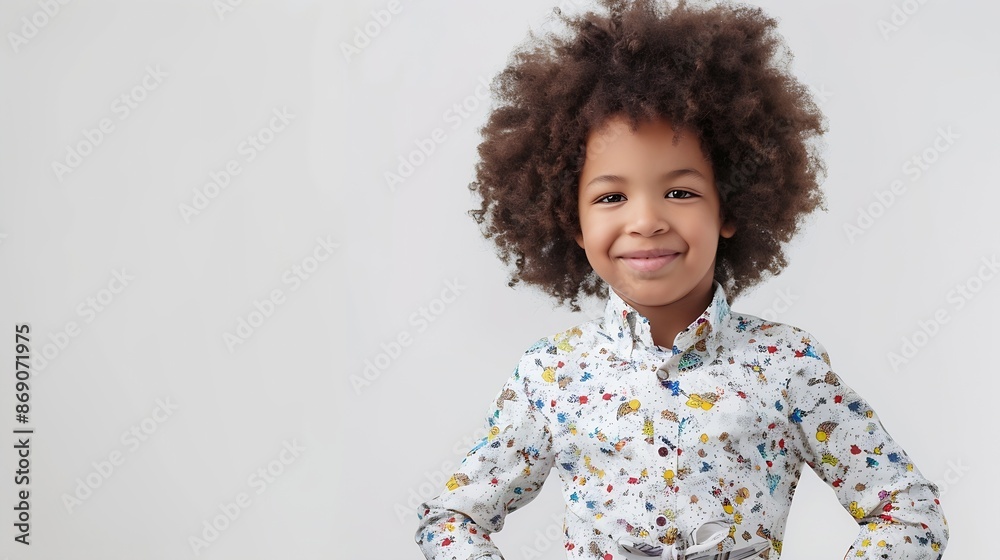 Portrait of a cute smiling boy 56 years old with dark skin and afro hair posing on a white background The boy poses with his hands on his waist Concept of childrens fashion among Afric : Generative AI Portrait of a cute smiling boy 56 years old with dark skin and afro hair posing on a white background The boy poses with his hands on his waist Concept of childrens fashion among Afric : Generative AI
