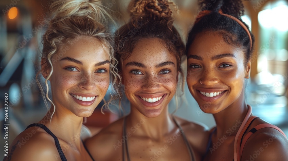 Three Smiling Women with Freckles in a Gym - Generative AI Three Smiling Women with Freckles in a Gym - Generative AI