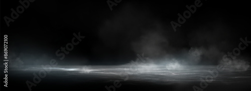 Water surface with magic neon glow from inside and smoke on top. Mystery dark background with spooky white light from underwater and fog. Realistic 3d night vector illustration with flare and steam.