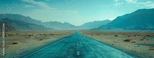  A lengthy path traverses a desert, bordered by mountain ranges, and overlooked by a cloud-filled sky