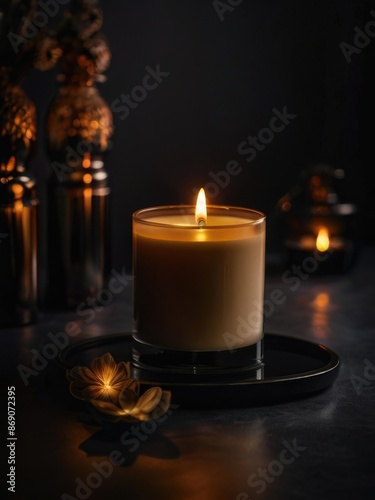 an Aromatic candle is lit on a table with flowers