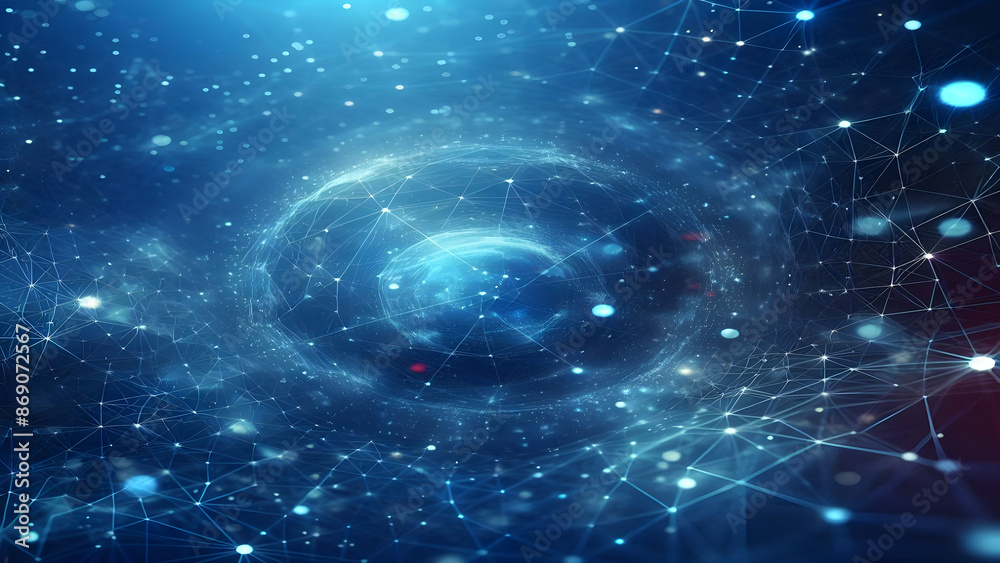 Fototapeta premium Blue abstract background with network grid and particles