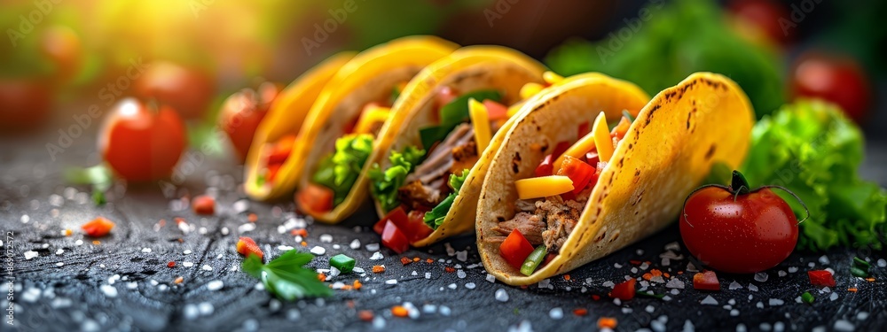 A collection of tacos atop a table, accompanied by a mound of lettuce and tomatoes beside them A collection of tacos atop a table, accompanied by a mound of lettuce and tomatoes beside them