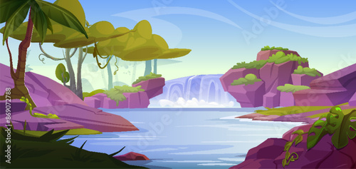 Tropical forest with waterfall cascade. Vector cartoon illustration of river scenery with exotic green trees and plants, water flowing down rocky stones, blue sunny sky, summer travel background