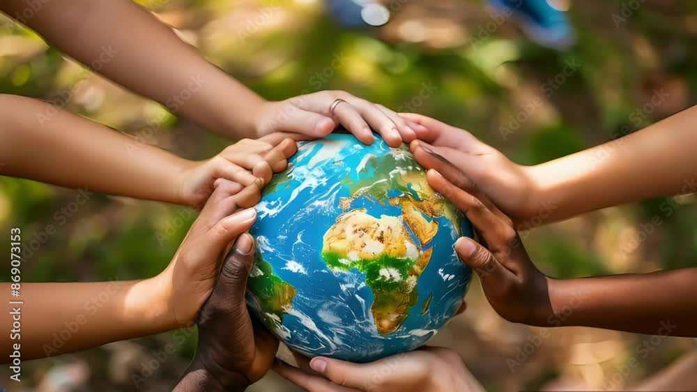 Diverse hands of various ages, cultures, and races holding a globe, symbolizing teamwork, global inclusion, shared future, and equality. Concept of interdependence and unity Diverse hands of various ages, cultures, and races holding a globe, symbolizing teamwork, global inclusion, shared future, and equality. Concept of interdependence and unity