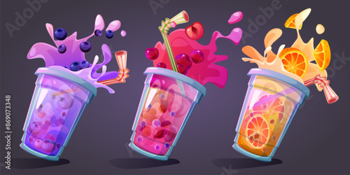 Bubble tea or juice cocktail with fruits and berries, in plastic cups with straw and splashes. Cartoon vector illustration set of cold drink with blueberry and cherry, orange and tapioca balls.