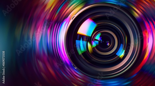 Obraz w ramie Close up Beautiful camera lens with multi colored light Background pattern for design : Generative AI