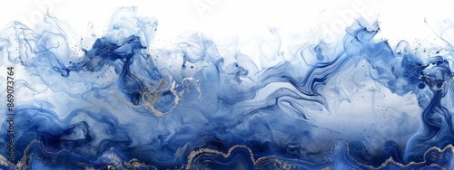  A painting of blue and gold swirls against a white backdrop; a larger blue-gold swirl on its left side