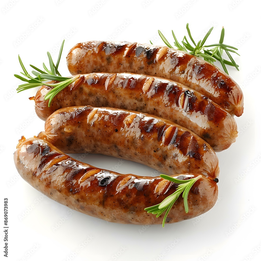Grilled sausages with rosemary on white background Grilled sausages with rosemary on white background