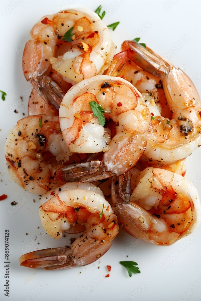 A plate of cooked shrimp with parsley and chili flakes A plate of cooked shrimp with parsley and chili flakes