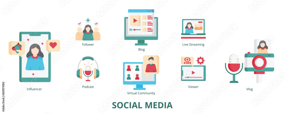 Social Media Flat Banner Web Icon Set Vector Illustration, Blog, Virtual Community, Follower, Influencer, Live Streaming, Viewer, Podcast, Vlog Social Media Flat Banner Web Icon Set Vector Illustration, Blog, Virtual Community, Follower, Influencer, Live Streaming, Viewer, Podcast, Vlog