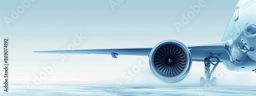  Close-up of jet engine on flying plane against clouded foreground, blue sky background