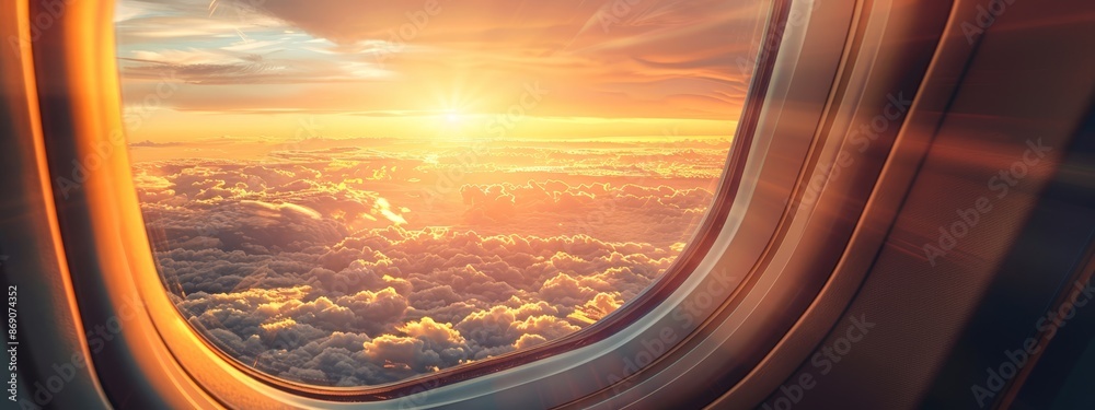 The airplane window frames a sunrise over cloud-studded horizons, sunlight penetrating within The airplane window frames a sunrise over cloud-studded horizons, sunlight penetrating within