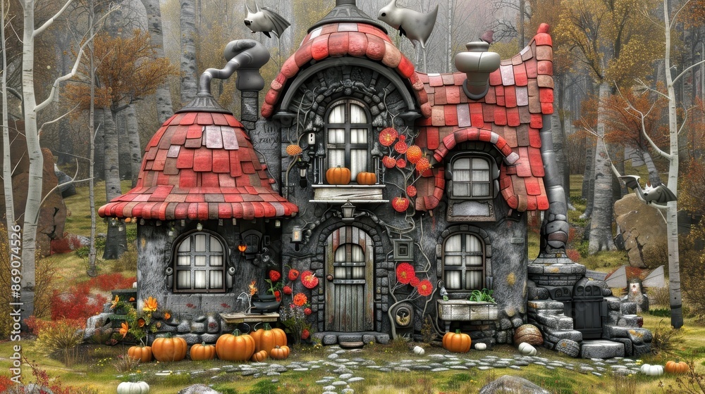 Fototapeta premium Whimsical haunted house with witch hat, pumpkins, bats, bare trees, orange background, playful spooky.