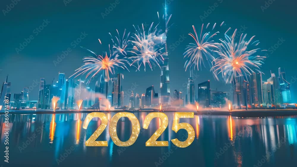 Fireworks with the numbers 2025 in golden letters, set against an urban skyline backdrop during night time. Fireworks with the numbers 2025 in golden letters, set against an urban skyline backdrop during night time.