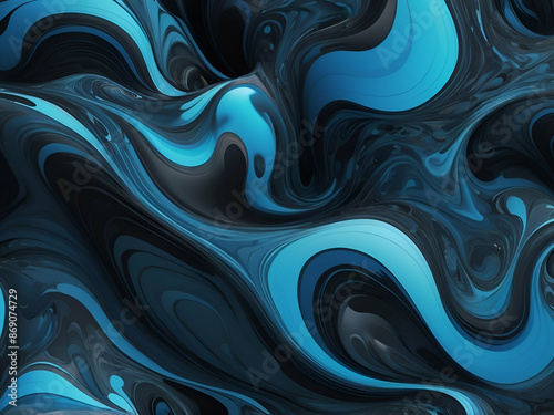 Abstract digital art fluid shapes and surreal patterns in blue and black hues