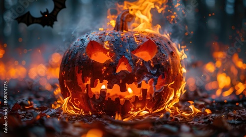 Authentic Halloween Background with Pumpkin Head, Cemetery, Flying Bats, and Burning Candles