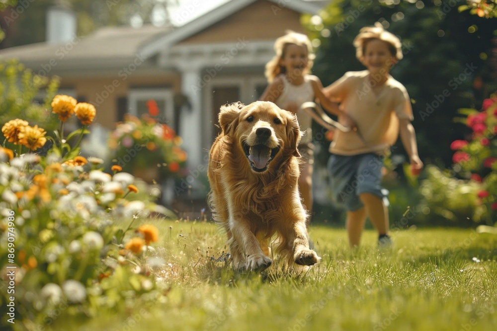 A vibrant family moment takes place on a sunny front lawn, where children play with their dog while the parents look on with smiles. The kids are laughing and running, their dog happily chasing after A vibrant family moment takes place on a sunny front lawn, where children play with their dog while the parents look on with smiles. The kids are laughing and running, their dog happily chasing after