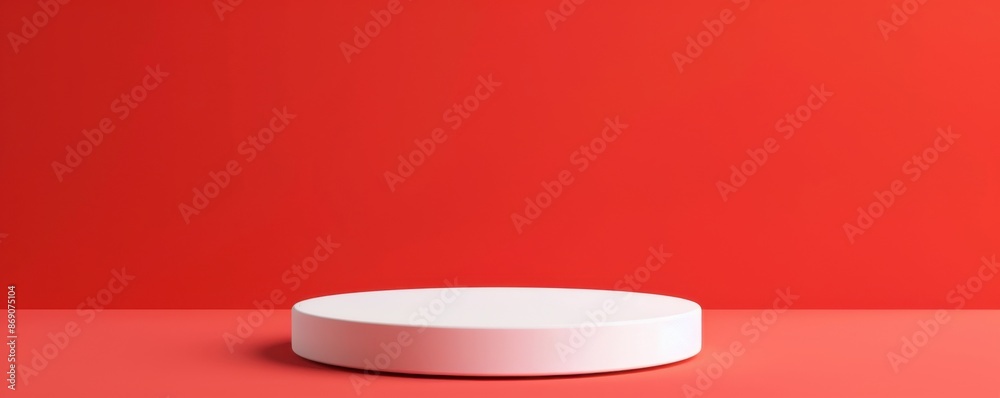 Fototapeta premium Minimalist white pedestal on a vibrant red background, ideal for showcasing products or modern presentations in a sleek and striking manner.