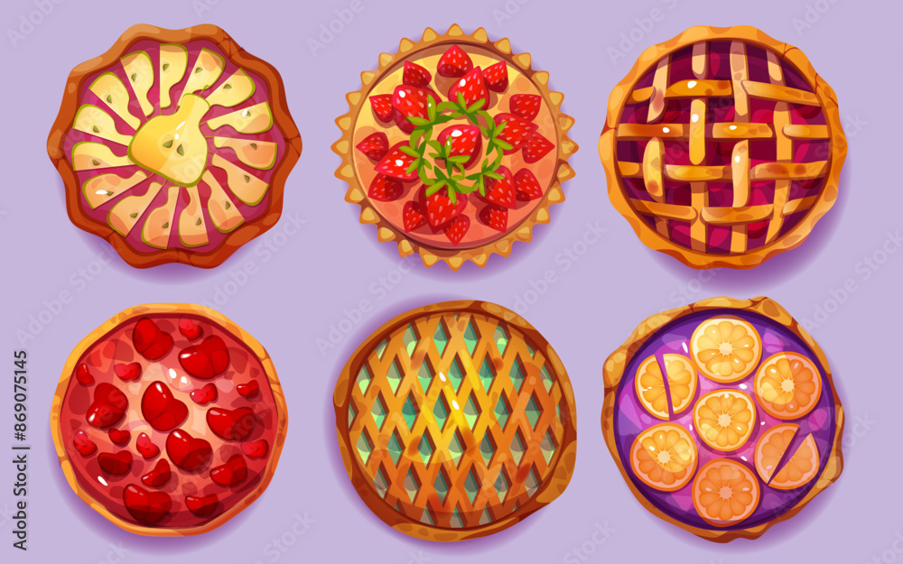 Sweet baked pie top view with fruits and berries. Cartoon vector set of thanksgiving round whole homemade cake with crust and decorative lattice, strawberry and pear, orange slices and apple in jelly Sweet baked pie top view with fruits and berries. Cartoon vector set of thanksgiving round whole homemade cake with crust and decorative lattice, strawberry and pear, orange slices and apple in jelly