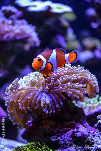 Clownfish and anemone in a saltwater aquarium