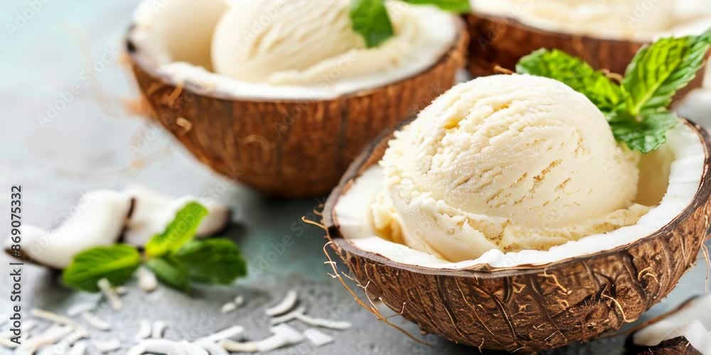 Coconut ice cream in coconut shell. Coconut ice cream in coconut shell.
