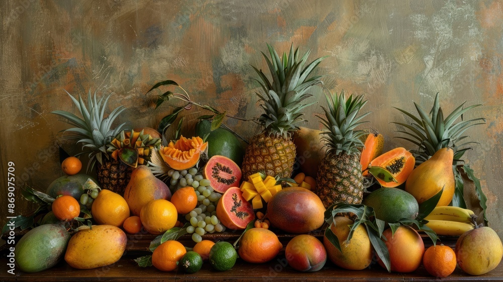 Vibrant Tropical Fruit Still Life with Soft Focused Vintage Impressionistic Style Vibrant Tropical Fruit Still Life with Soft Focused Vintage Impressionistic Style