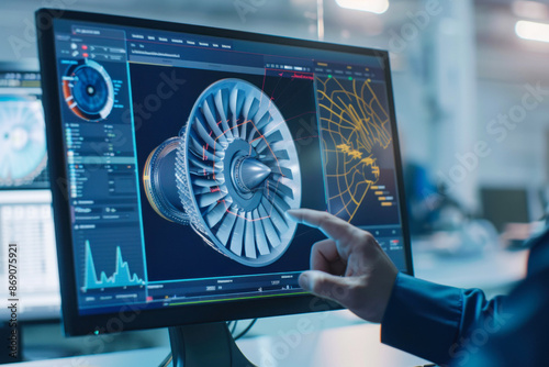 Engineer designing jet engine on futuristic monitor. photo